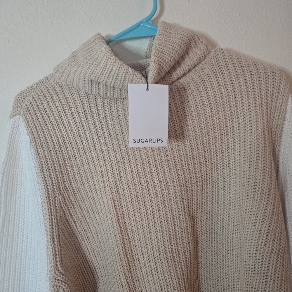 Sugarlips Colorblock Funnel Neck Knit Cozy Fall Sweater Beige Cream New XS - Picture 2 of 6